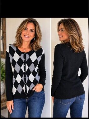 Apt. 9 100% Cashmere Argyle Cardigan Sweater XL Black Gray Button Front NWOT